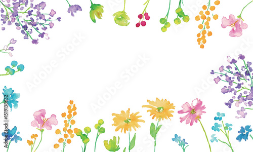 水彩画。水彩タッチのカラフルな花花束イラスト。色とりどりの花のベクターフレーム背景。Watercolor painting. Colorful flower bouquet illustration with watercolor touch. Colorful flowers vector frame background.