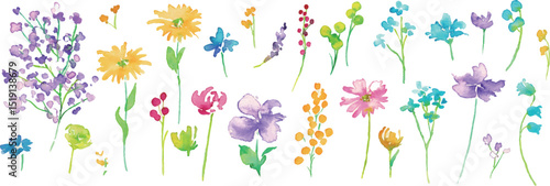 水彩画。水彩タッチのカラフルな花花束イラスト。色とりどりの花のベクターフレーム背景。Watercolor painting. Colorful flower bouquet illustration with watercolor touch. Colorful flowers vector frame background.