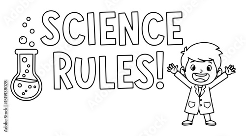 science rules quote with beaker and excited boy