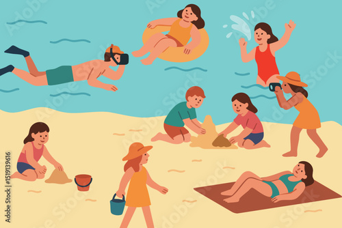 Happy Children and Families Enjoying Summer at the Beach