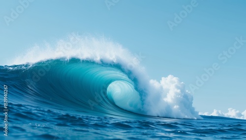 Fototapeta Naklejka Na Ścianę i Meble -  Powerful ocean wave curling under clear blue sky creating sea spray and foam
