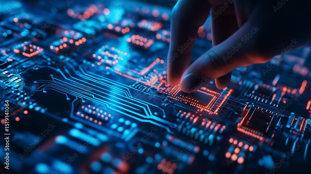 A pair of hands is assembling an electronic device, with a circuit board and other electronic components in the background. A pair of hands is assembling an electronic device, with a circuit board and other electronic components in the background.