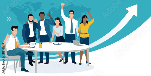 The team and rising line. Group of six colleagues showing thumbs up gesture and celebrating success. Vector flat style illustration.
