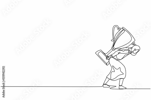 Continuous one line drawing heavy burden of victory business concept. Tired and disappointed businesswoman is carrying huge golden trophy on back. Single line draw design vector graphic illustration