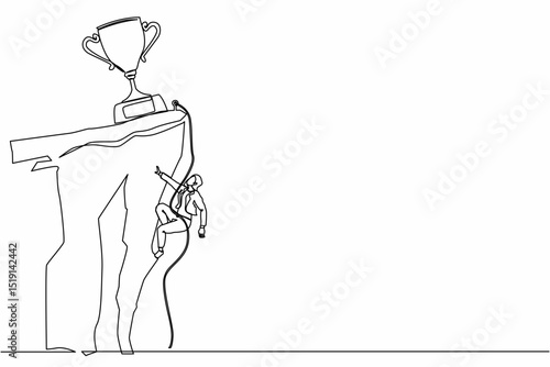 Single one line drawing climber hanging on rope and pulling himself on top of rocky mountain wall to reach trophy. Extreme businesswoman climbing on cliff. Continuous line draw design graphic vector
