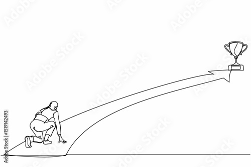 Single continuous line drawing businesswoman get ready on starting to goal of business in starting position ready to sprint run. Reaching trophy. Business concept. One line draw graphic design vector