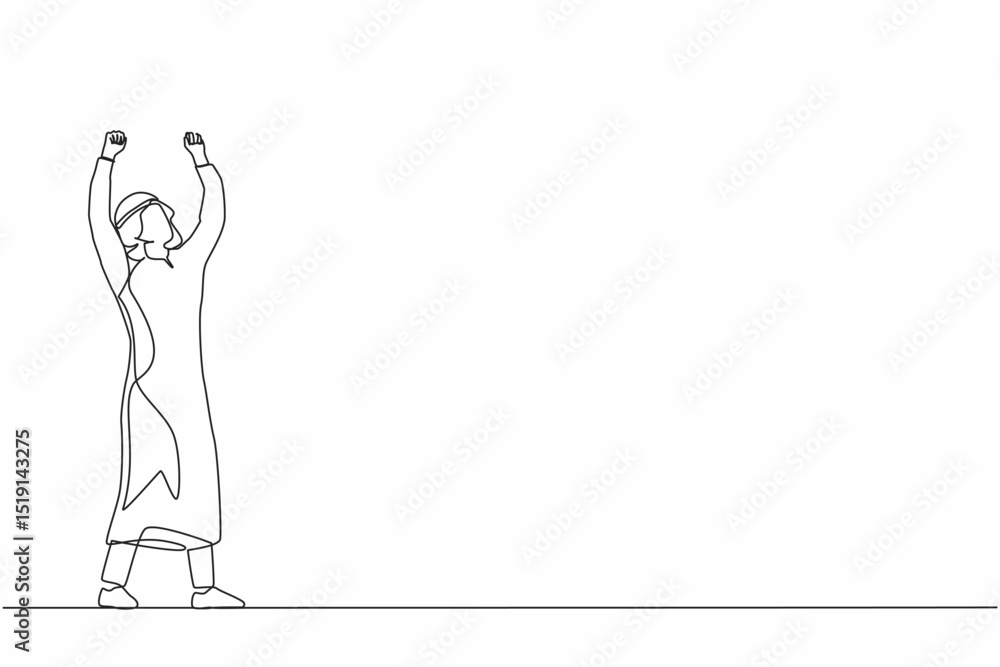 Single continuous line drawing Arab businessman standing and raising hands or arms. Successful male. Career goal. Victory sign or symbol. Winner pose. One line draw graphic design vector illustration Single continuous line drawing Arab businessman standing and raising hands or arms. Successful male. Career goal. Victory sign or symbol. Winner pose. One line draw graphic design vector illustration