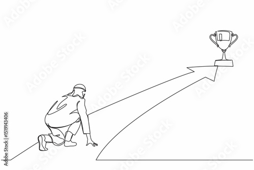 Single one line drawing Arabian businessman get ready on starting to goal of business in starting position ready to sprint run. Reaching trophy. Business concept. Continuous line design graphic vector