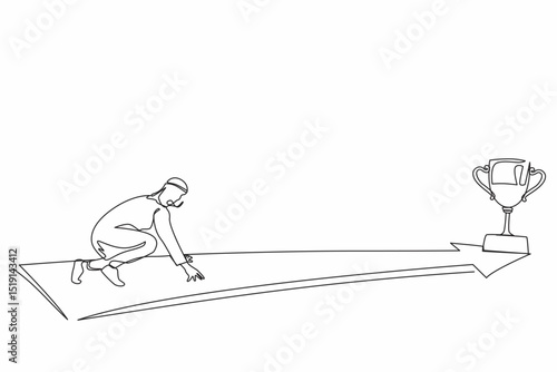 Continuous one line drawing side view Arab businessman ready to run to trophy at end of route. Concept of vision mission and goal of business. People run to their goal. Single line draw design vector