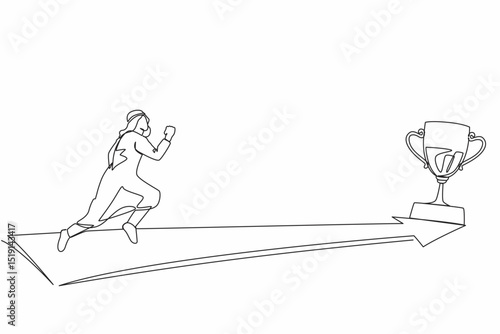 Continuous one line drawing Arabic businessman running to golden trophy. Business direction and mission vision. Goal, success, development, victory. Single line draw design vector graphic illustration