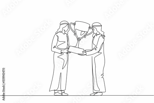 Single continuous line drawing Arabian businessman winner getting first prize. Male giving golden cup to businessman. Winning, leadership, achievement concept. One line draw design vector illustration