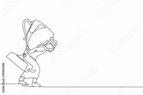 Single continuous line drawing heavy burden of victory business concept. Tired and disappointed Arabian businessman is carrying huge golden trophy on back. One line graphic design vector illustration