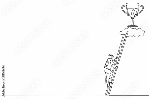 Continuous one line drawing Arabian businessman climb to trophy over clouds. Businessman climbing ladder to success. Motivation concept to be successful. Single line design vector graphic illustration