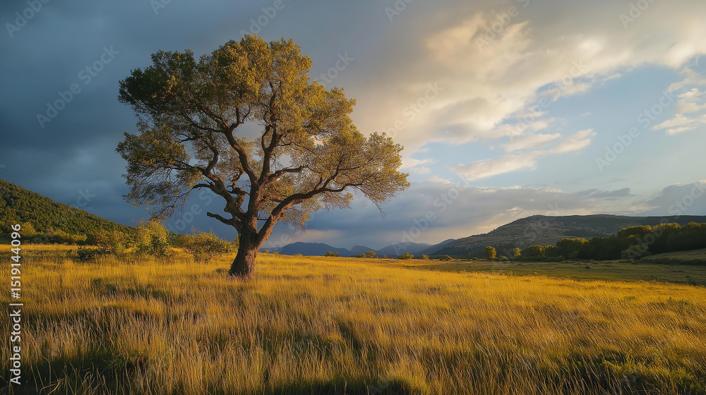 On the vast grassland, a lone tree stands in the sunset glow, with distant mountains and clouds, presenting a tranquil and healing natural scenery On the vast grassland, a lone tree stands in the sunset glow, with distant mountains and clouds, presenting a tranquil and healing natural scenery