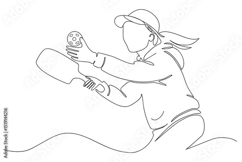 Female energetic young woman pickleball player silhouette in continuous one line drawing isolated on white background. Young woman one line