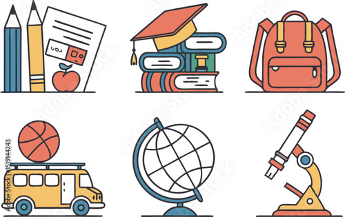 Colorful Education and School Icons Illustration Set. School and Learning Icons in Modern Colorful Style. Educational Tools and School Icons Colorful Illustrations. Collection of School and Education
