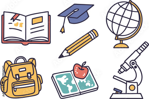 Colorful Education and School Icons Illustration Set. School and Learning Icons in Modern Colorful Style. Educational Tools and School Icons Colorful Illustrations. Collection of School and Education