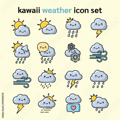 Kawaii Weather Icon Set – Cute Vector Illustrations with Pastel Colors