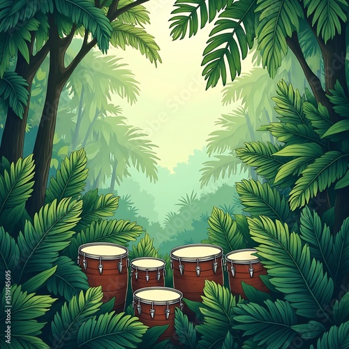 Drums in Tropical Forest Setting with Lush Foliage