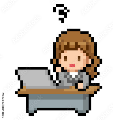 デスクで悩んでいるビジネスウーマンのドット絵