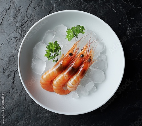 Artistic Japanese Prawn Plating with Ice – Minimalist Garnish on Dark Stone Background