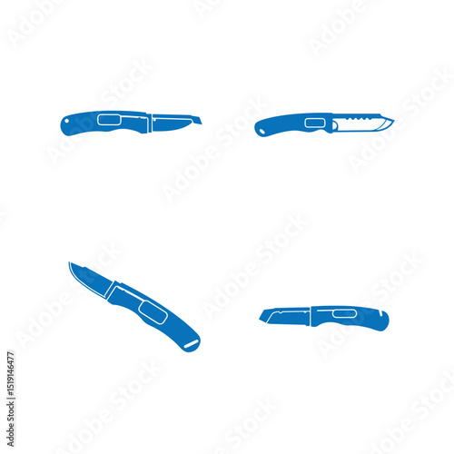 Blue illustration of various pocket knives in different angled positions on a white background