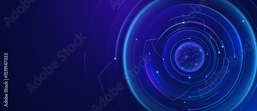 Futuristic digital interface with glowing circular rings and sphere, high technology background