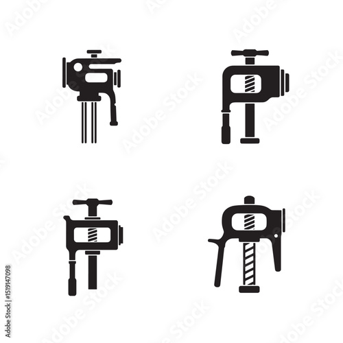 Collection of four silhouetted illustrations showcasing different styles of workshop hand clamps
