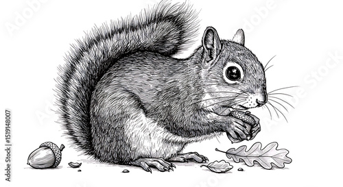 Black and white close-up illustration of a lifelike squirrel with detailed fur and bushy tail, nibbling on an acorn with subtle natural elements around it