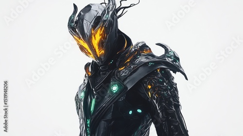 A humanoid figure in a dark, intricate suit with a glowing orange faceplate and green accents. The suit features intricate, organic-looking designs and appears 