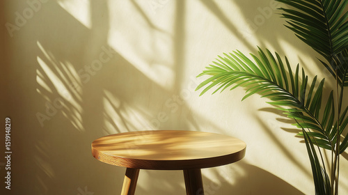 Wooden round side table with green tropical plant leaf