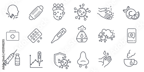 Viral infection, symptoms, treatment. Line icon set. 
