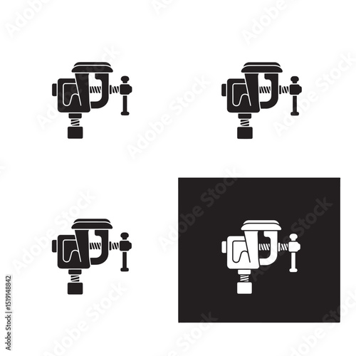 Graphic illustrations of a carpenter's clamp in multiple arrangements across varied backgrounds.