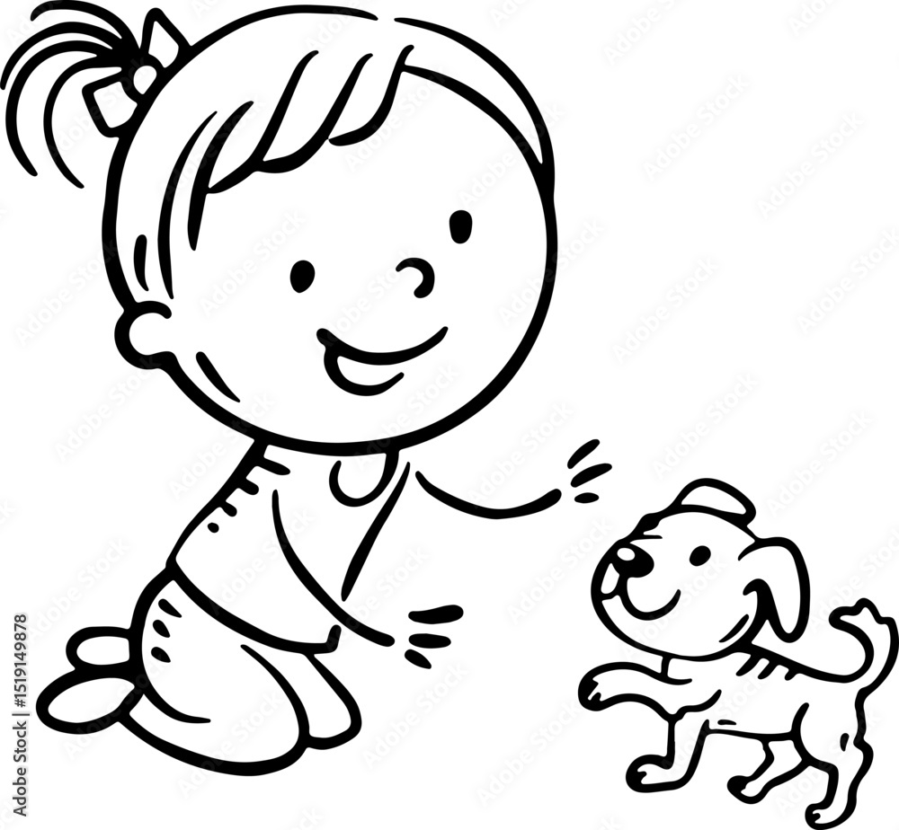 Doodle girl playing with a puppy. Isolated outline cartoon kid with pet clipart Doodle girl playing with a puppy. Isolated outline cartoon kid with pet clipart