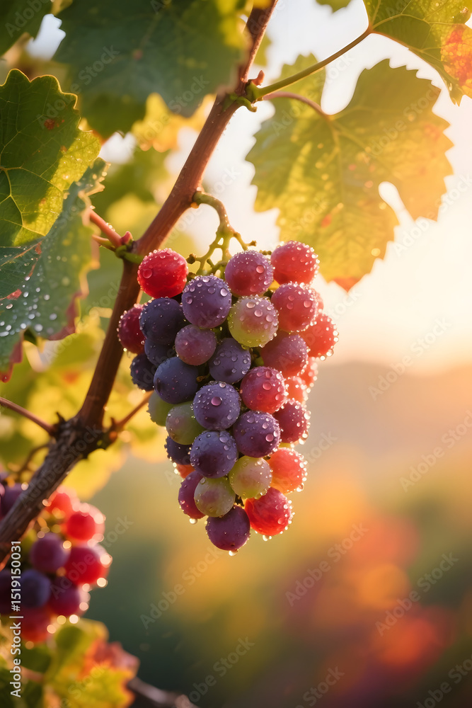 Fototapeta premium Fresh Ripe Grapes on Vine with Morning Dew in Vineyard at Sunrise