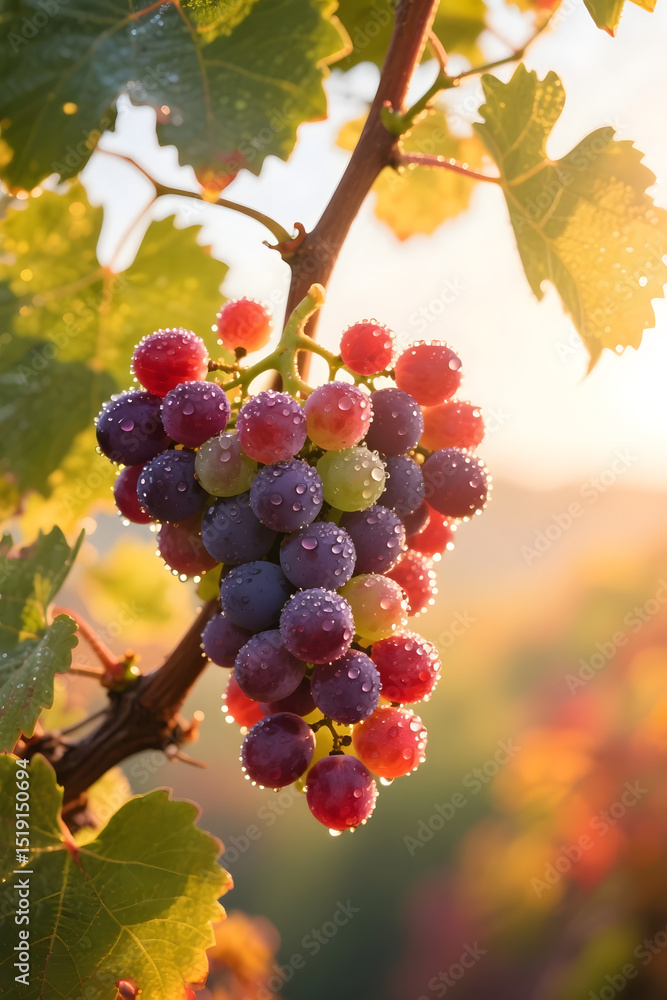 Fototapeta premium Fresh Ripe Grapes on Vine with Morning Dew in Vineyard at Sunrise