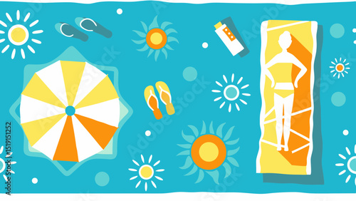 Relaxing beach day with summer sun stylish umbrella playful sun graphics and cool sandals with vibrant colors and flat