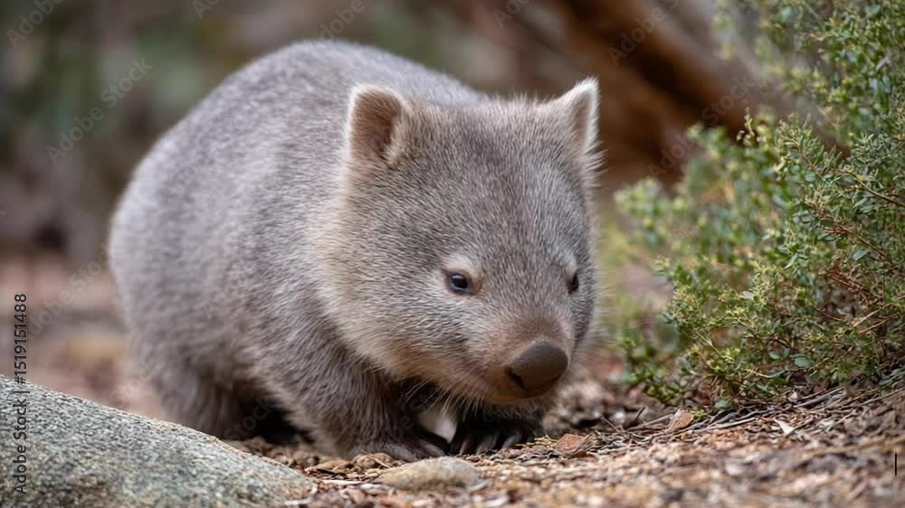 A curious wombat exploring its natural habitat among rocks and foliage in a serene environment A curious wombat exploring its natural habitat among rocks and foliage in a serene environment