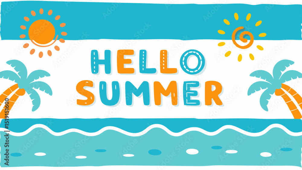 A cheerful illustration announcing Hello Summer with playful suns and palm trees inviting warm tropical getaway in A cheerful illustration announcing Hello Summer with playful suns and palm trees inviting warm tropical getaway in