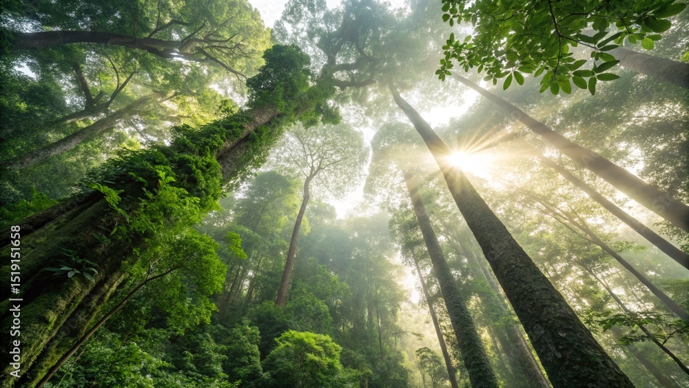 Fototapeta premium Sunlit Canopy Natures Lush Embrace Beneath Towering Forest Giants