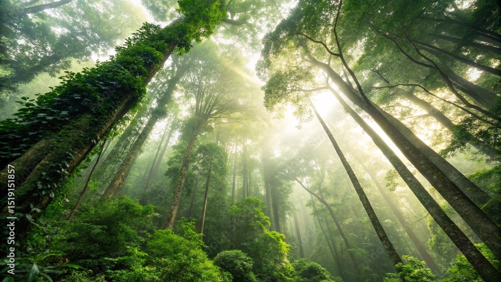 Obraz premium Sunlit Canopy Natures Lush Embrace Beneath Towering Forest Giants