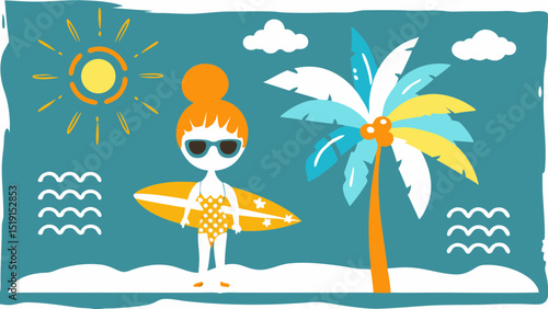 surfer girl with surfboard on beach clip art preview