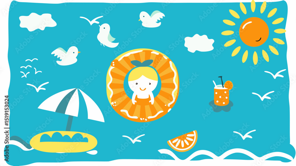 A blissful beach day illustration featuring a smiling girl in a floatie seagulls and a radiant sun under a bright blue A blissful beach day illustration featuring a smiling girl in a floatie seagulls and a radiant sun under a bright blue