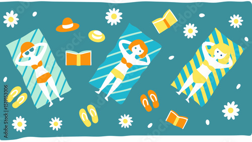 A serene beach scene with sunbathers relaxing on striped towels enjoying summer reads surrounded by daisies and warm
