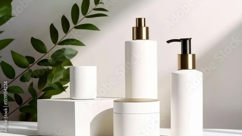 Wallpaper Mural Elegant white cosmetic bottles displayed on cube with green leaf accent in soft light Torontodigital.ca