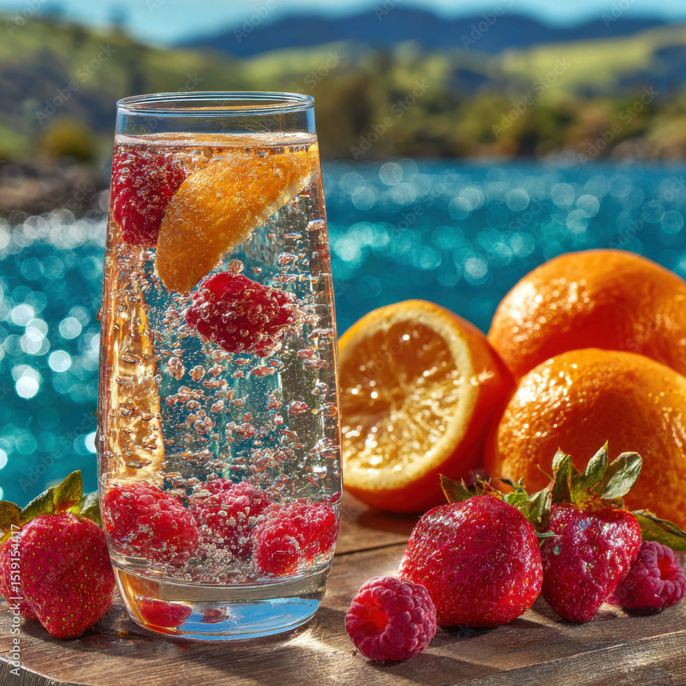 Sparkling Fruit Infused Drink with Raspberries, Strawberries and Orange on Wood Deck Sparkling Fruit Infused Drink with Raspberries, Strawberries and Orange on Wood Deck