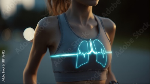 Woman running for good health, blue light represents strong healthy lungs and normal heart beat