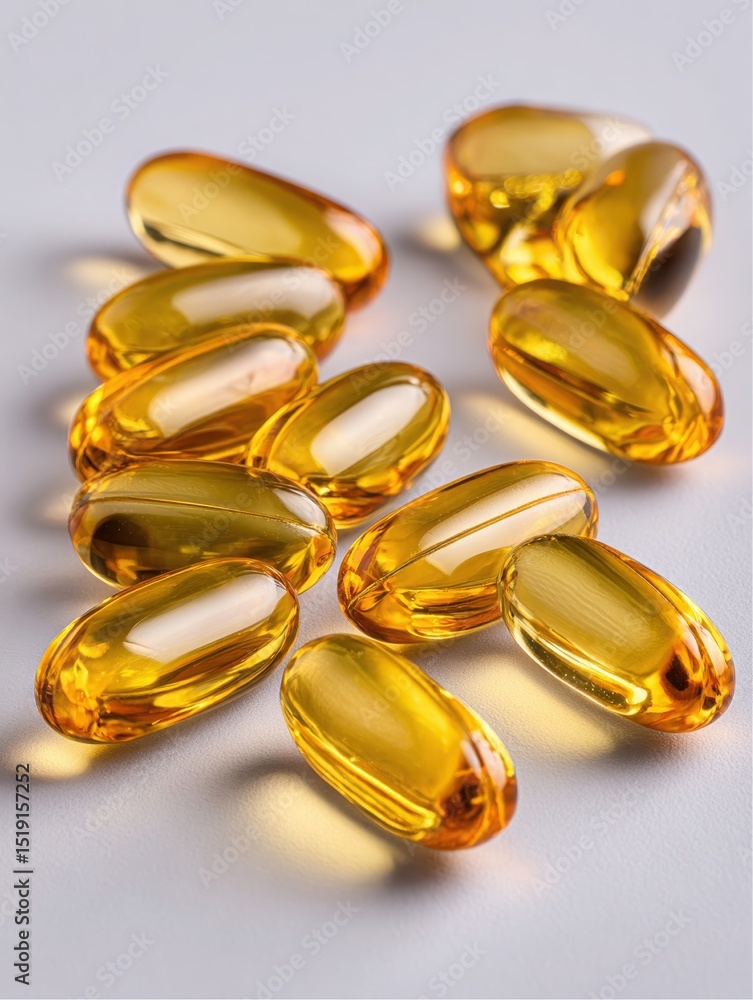 Omega-3 capsules, essential fatty acids, or fish oil supplements on a white background Omega-3 capsules, essential fatty acids, or fish oil supplements on a white background