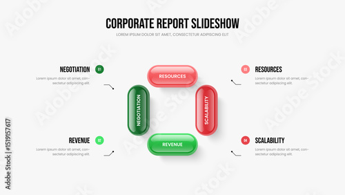 Project Introduction 4 Step Infographic Slideshow Template. Company Proposal Frame Design Vector Illustration. Enterprise Strategy Four Element Diagram Slide Layout.