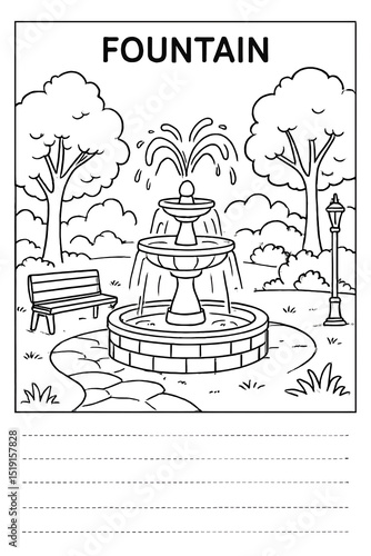 Serene Park Fountain Coloring Page Relaxing Water Feature Illustration